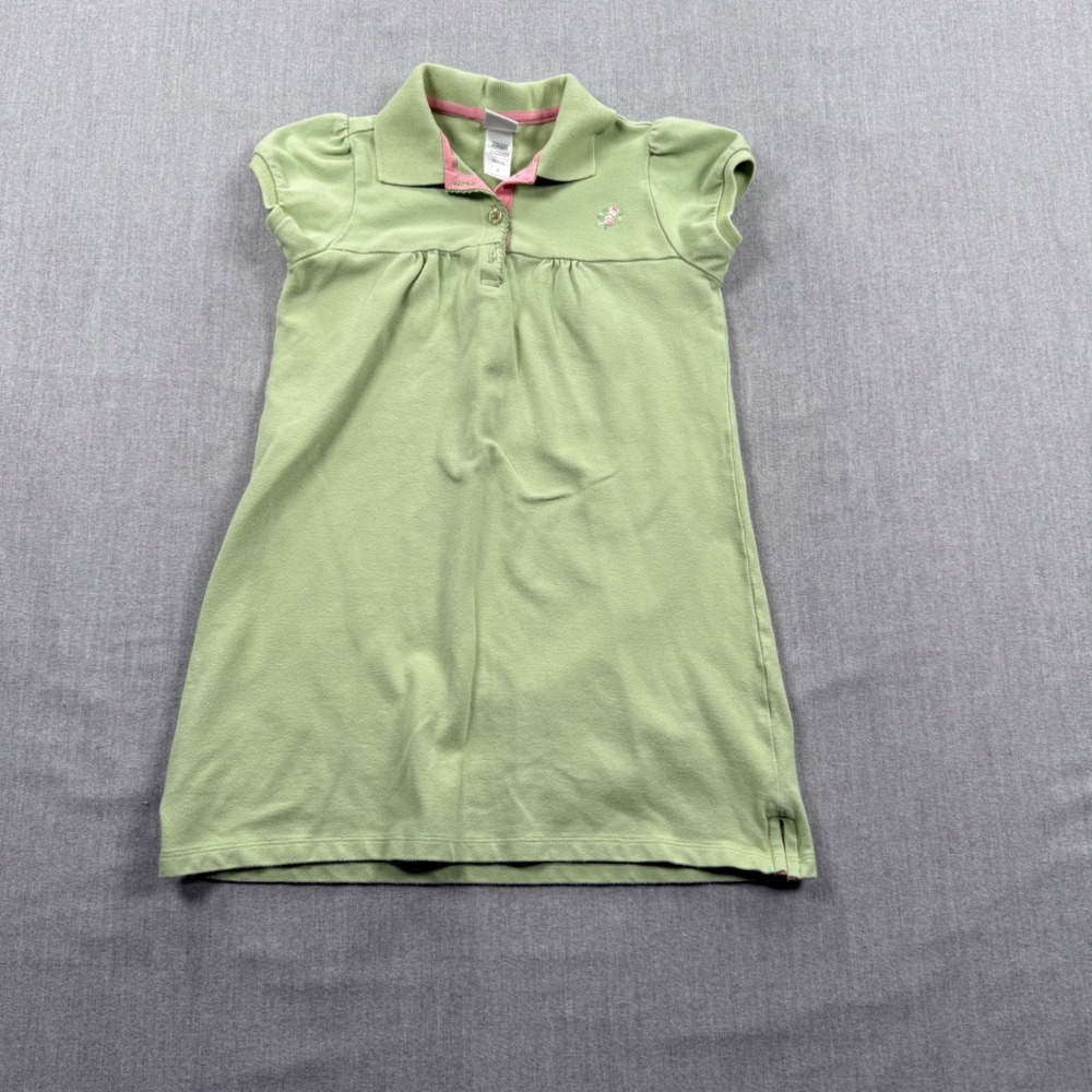 Little Me Girls Sage Green Polo Dress Floral Embroidery Pink Trim Size 5